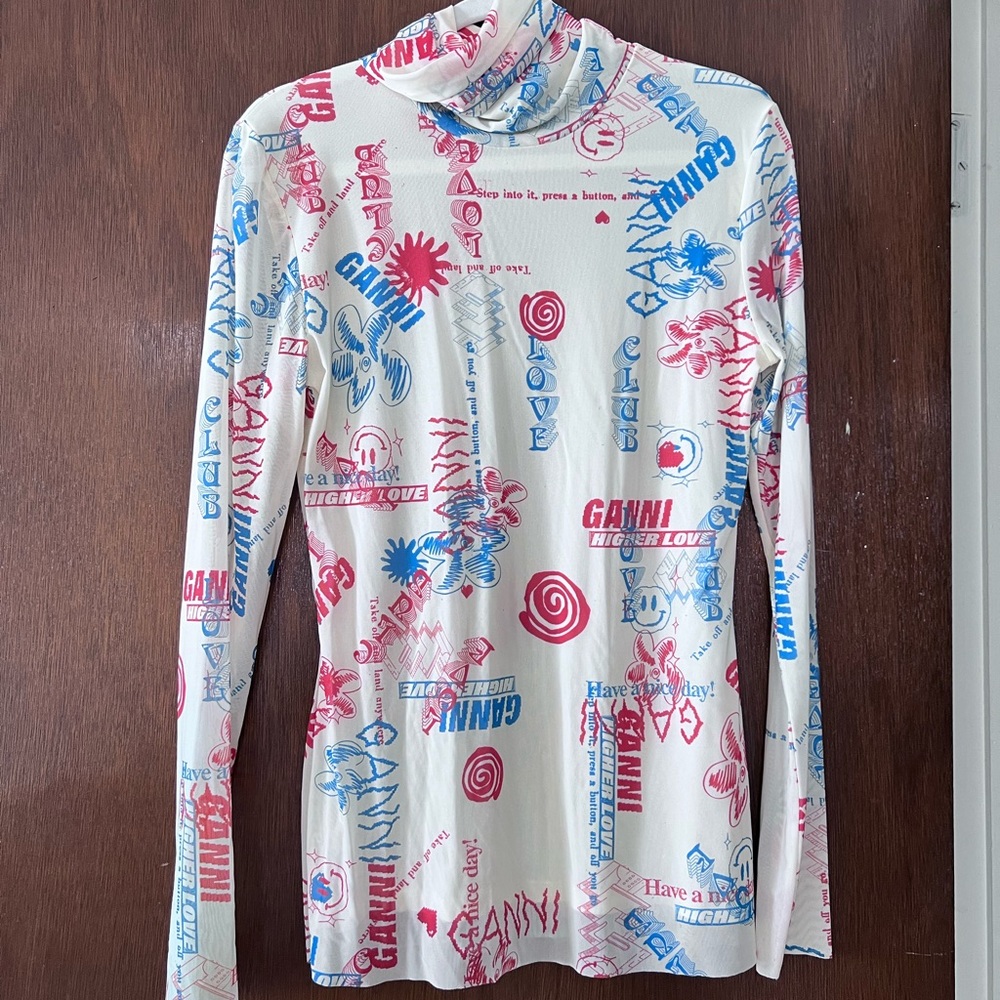Ganni Pink and Blue Fitted Graphic Long Sleeve Tee